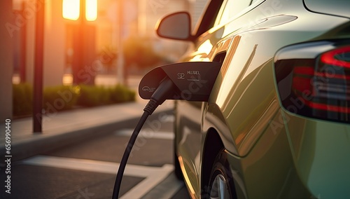 Photo of an electric car being charged for departure.