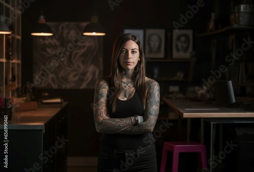 Tattoo artist woman art. Skin salon. Generate Ai