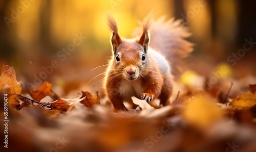 Squirrel in autumn forest. Red squirrel in the autumn forest.