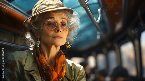 Meek old lady spinster on a train, deep in thought. Melancholy concept