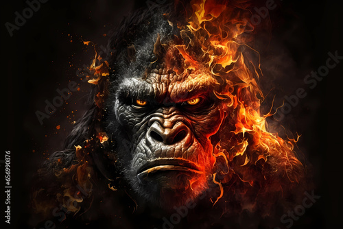 A portrait of a gorilla made of fire and smoke