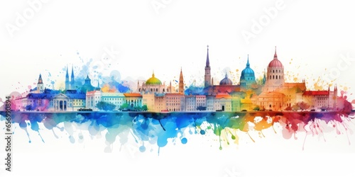 Rainbow Aquarelle Silhouette of Viennas Iconic Cityscape, Showcasing Schönbrunn Palace, St. Stephens Cathedral, and the Elegance of Austrian Culture