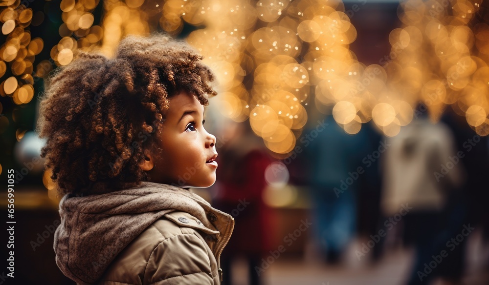 A black mixed race African American girl toddler intrigued by Christmas tree, Christmas bubbles, baubles decorations, christmas tree, Christmas lights, Christmas market, white christmas A black mixed race African American girl toddler intrigued by Christmas tree, Christmas bubbles, baubles decorations, christmas tree, Christmas lights, Christmas market, white christmas