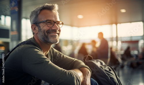 Happy smiling male traveler in airport, man sitting at the terminal waiting for her flight in boarding lounge. photo
