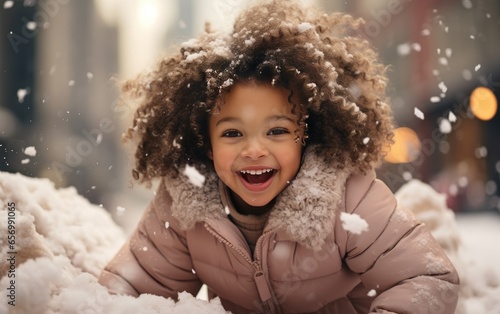 Portrait of young girl with coat and scarf smiling in snow winter snowing happy holidays white christmas