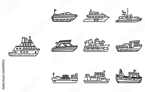 Collection of ships line art icon vector 
