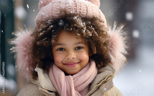 Portrait of young girl with coat and scarf smiling in snow winter snowing happy holidays white christmas