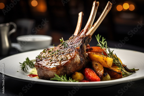  Rack of lamb in white deep plate close-up. Luxury restaurant main course side view. Fancy dish closeup. Mutton ribs. Meat piece served in bowl. Roasted meat with vegetable garnish Generative AI