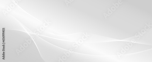 Grey abstract background design. Modern wavy line pattern (guilloche curves) in monochrome colors. Premium white stripe texture for banner, business backdrop. Luxury Horizontal vector template