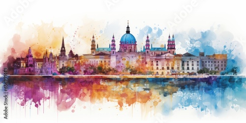 Rainbow Aquarelle Silhouette of Viennas Iconic Cityscape, Showcasing Schönbrunn Palace, St. Stephens Cathedral, and the Elegance of Austrian Culture photo
