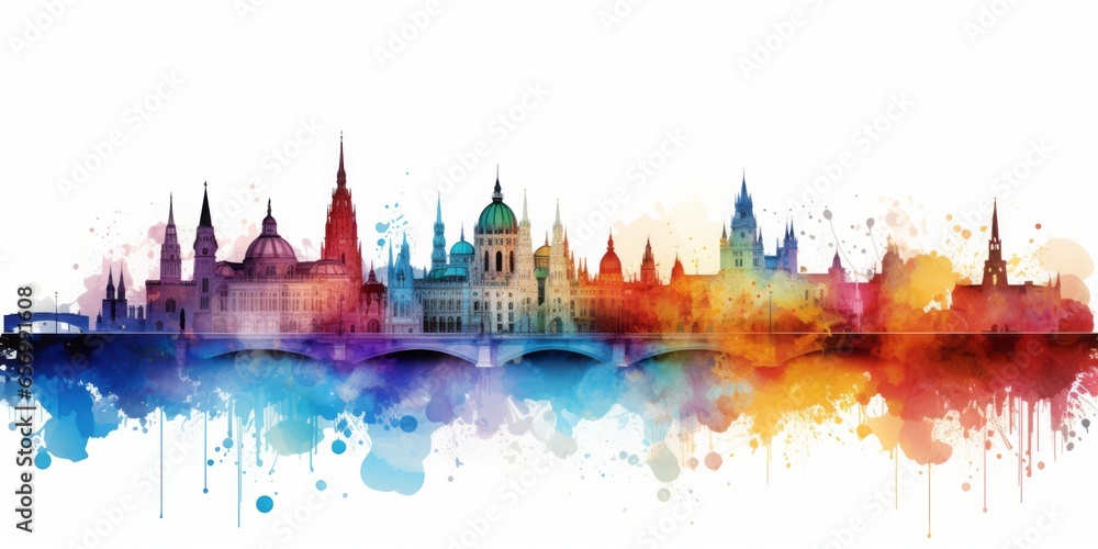 Rainbow Aquarelle Silhouette of Viennas Iconic Cityscape, Showcasing Schönbrunn Palace, St. Stephens Cathedral, and the Elegance of Austrian Culture