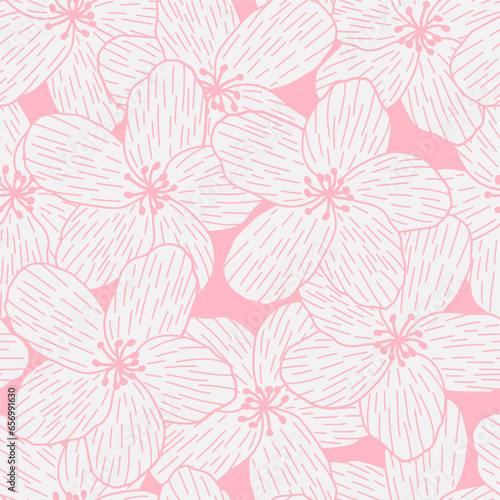 Cherry blossom flower line detail seamless pattern. Suitable for backgrounds, wallpapers, fabrics, textiles, wrapping papers, printed materials, and many more.