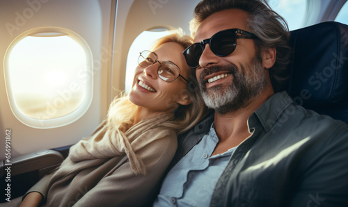Happy smiling couple is flying in an airplane in first class, travel relax and recharge © Andrii IURLOV