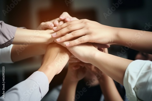 Teamwork join hands. Diverse work group. Generate Ai