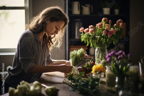 woman arranging flowers in a vase