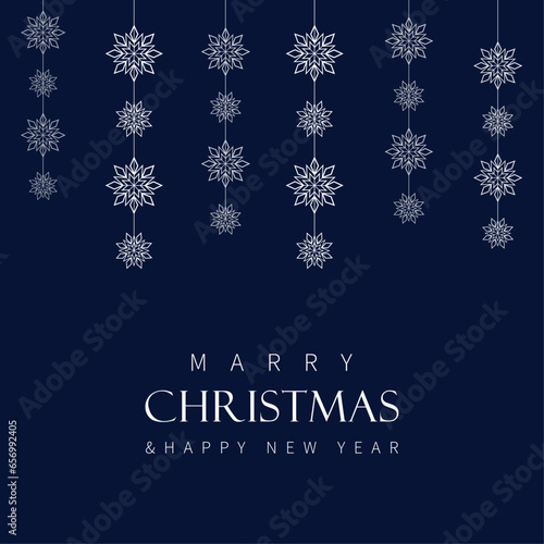 Merry christmas and happy new year, card with white snowflakes on blue background