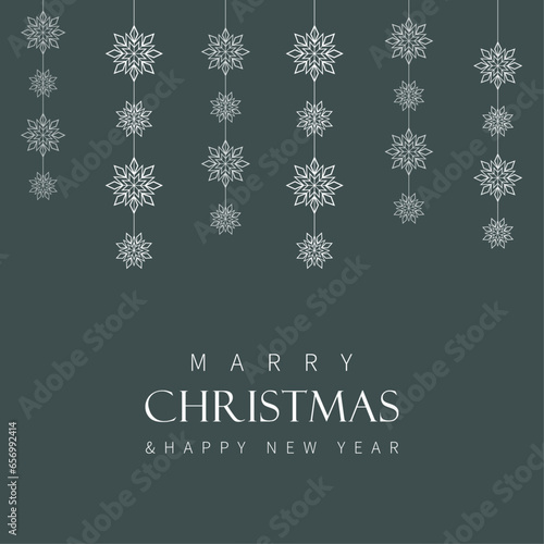 Merry christmas and happy new year, card with white snowflakes on green background