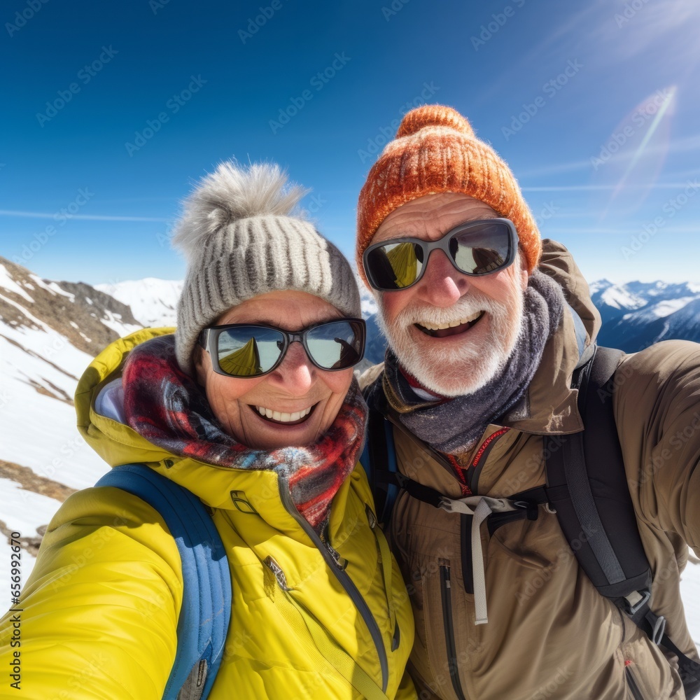 Happy elderly couple with sunglasses and ski equipment in ski resort Bukovel, having fun and taking selfie, winter holiday concept Happy elderly couple with sunglasses and ski equipment in ski resort Bukovel, having fun and taking selfie, winter holiday concept