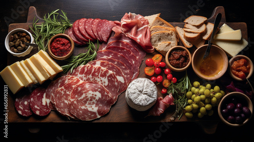 Savory Palette: A painterly spread of cured meats forming an enticing spectrum of flavors and textures. photo