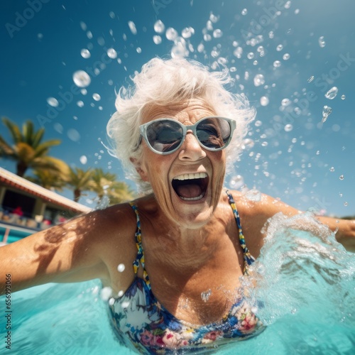 happy retired senior woman in water park swimming pool enjoying retirement
