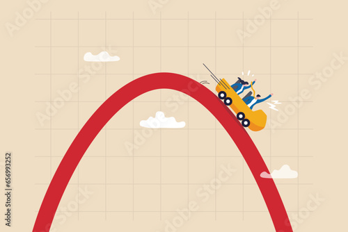 Stock market rollercoaster, risk or recession downturn, investment falling down, economic crisis, fall down, decrease or reduction concept, business people investor riding on falling down graph.