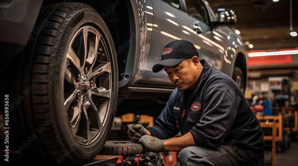 Wheel Wizardry: A mechanic expertly aligning and balancing tires for optimal performance.