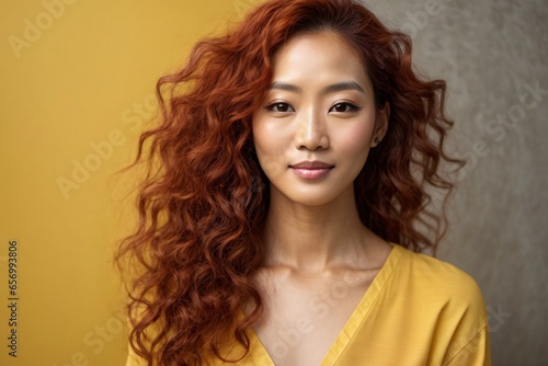 Japanese beautiful long curly redhead woman portrait with smooth health skin face for advertising design on a yellow solid background. Generative Ai.