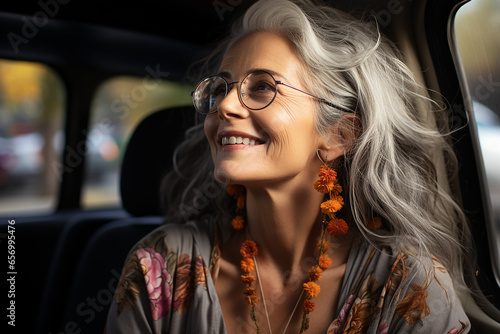 an elderly beautiful woman of 50 years old with bright accessories, earrings, in a jacket and a scarf, sits in the back seat of a car, looks out the window and smiles