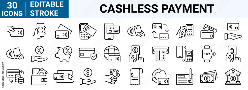 set of 30 line web icons Cashless payment. Credit card, debit card, mobile app, such as NFC. money, bitcoin, Editable stroke. - obrazy, fototapety, plakaty 