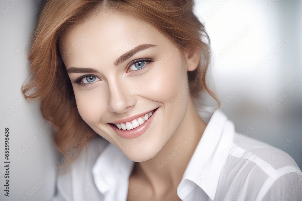 portrait of a smiling woman in white shirt portrait of a smiling woman in white shirt