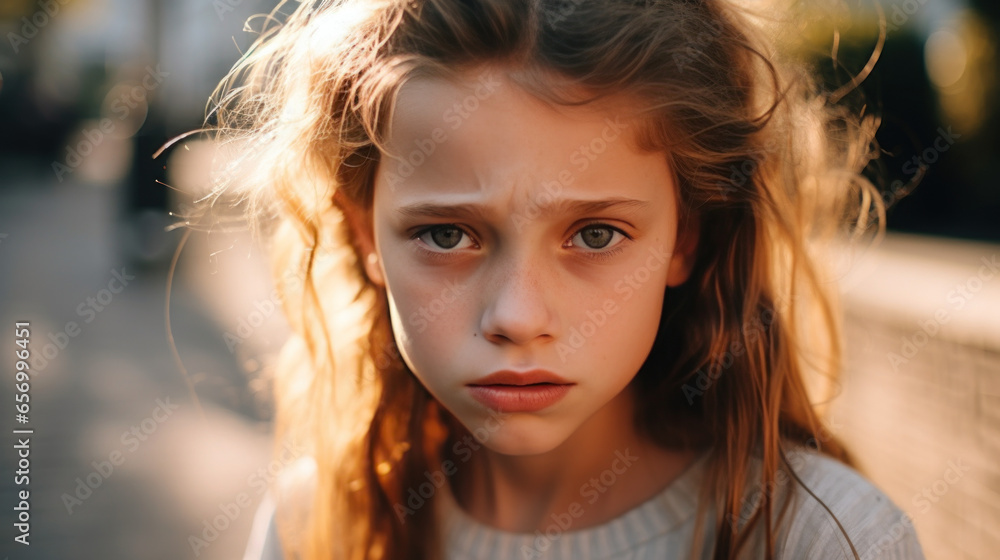 petite fille blonde en gros plan de face, triste sur le point de pleurer petite fille blonde en gros plan de face, triste sur le point de pleurer