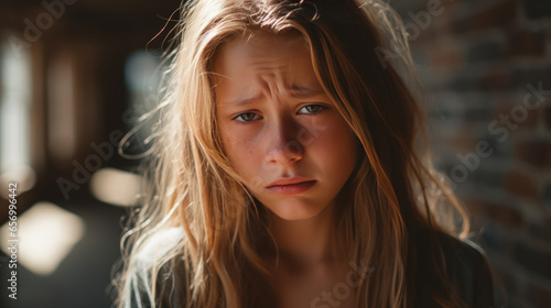 petite fille blonde en gros plan de face, triste sur le point de pleurer