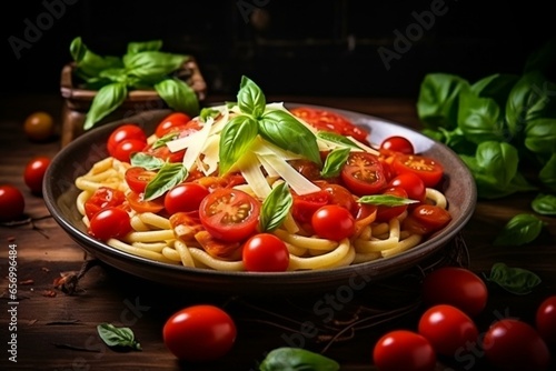 Traditional dish of pasta with tomatoes, basil. Rustic. Generative AI
