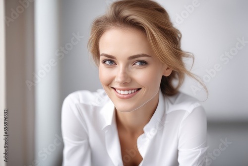portrait of a smiling woman in white shirt