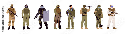 Different types of soldiers set. People, men in military uniform with guns: sharpshooter, tanker, swat, sniper, aviator, uav operator, sapper, scout. Armed forces. Flat isolated vector illustration