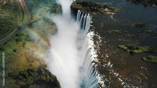 Aerial View Victoria Falls, Shungu Namutitima at the Border of Zimbabwe and Zambia in Africa. The Great Victoria Falls One of the Most Beautiful Wonders of the World. 4K UHD Aerial Dron Shot. photo