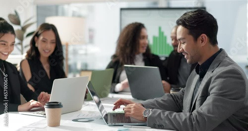 Wallpaper Mural Man at meeting in office with laptop, internet and review for business feedback, writing or agenda. Networking, typing and businessman online for market research, web report document and workshop. Torontodigital.ca