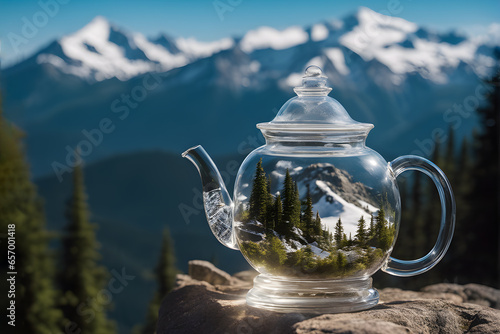 alpine tea concept, transparent teapot with mountains inside on a mountain landscape