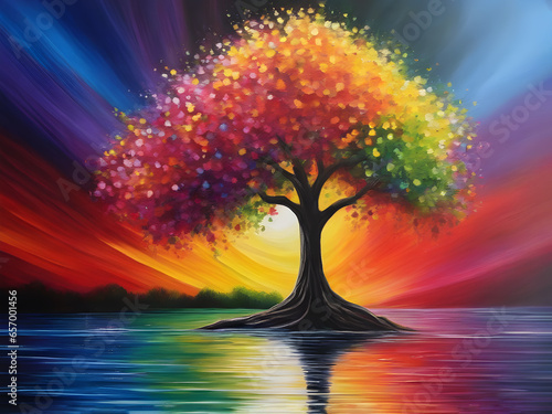 fairytale landscape with colorful rainbow tree  rainbow sky and lake