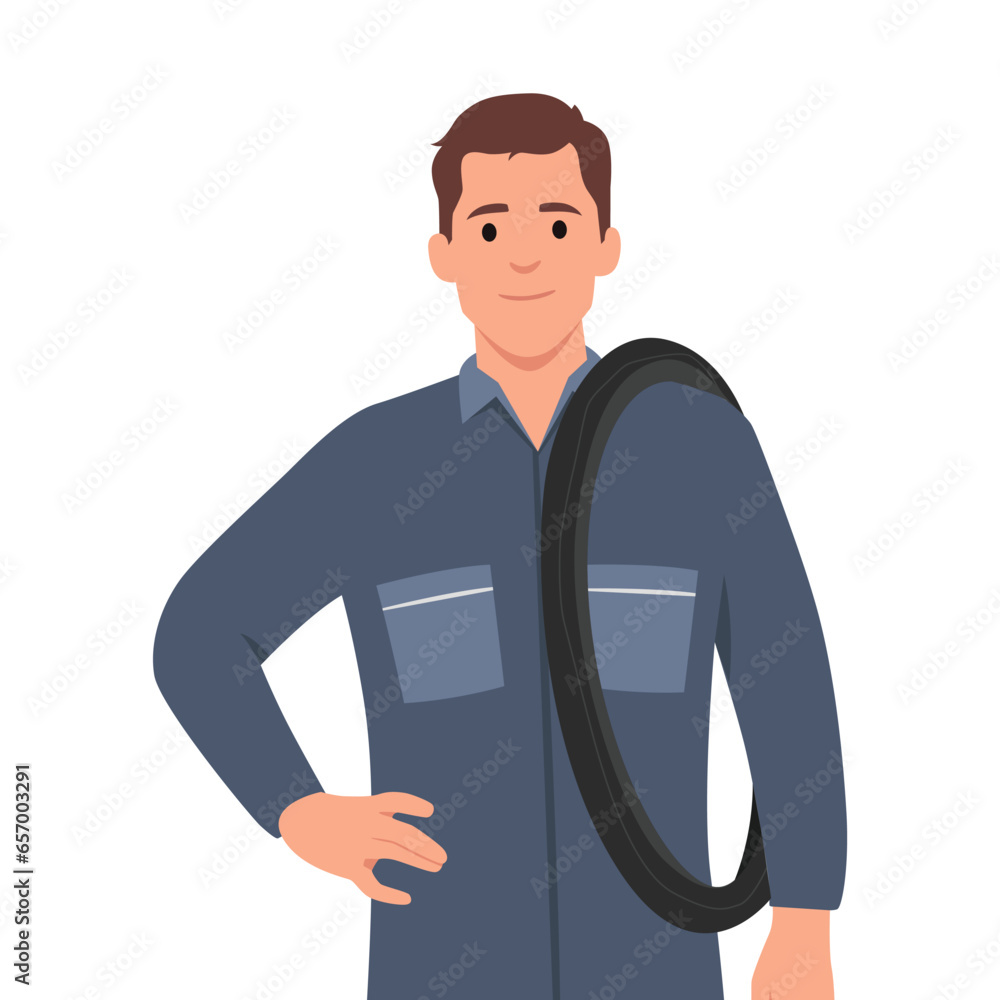 Young man smiling happily with a hand on hip and confident. bicycle mechanic concept. Flat vector illustration isolated on white background Young man smiling happily with a hand on hip and confident. bicycle mechanic concept. Flat vector illustration isolated on white background