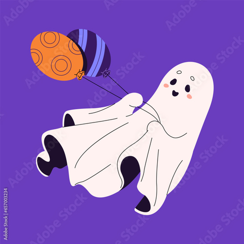 Cute Halloween ghost holds in hands, play with patterned balloons. Spooky phantom flying. Funny spook with happy face smile. Playful white spirit, friendly shadow. Flat isolated vector illustration