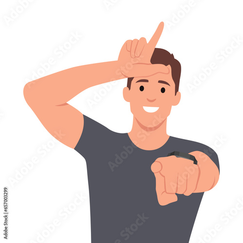 Young man proud expression pointing front. Flat vector illustration isolated on white background