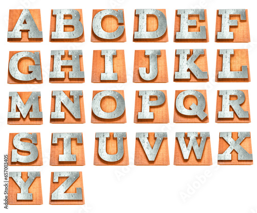 full 3d letterset of A-Z vintage old letterpress wood blocks, on transparent isolated png background photo