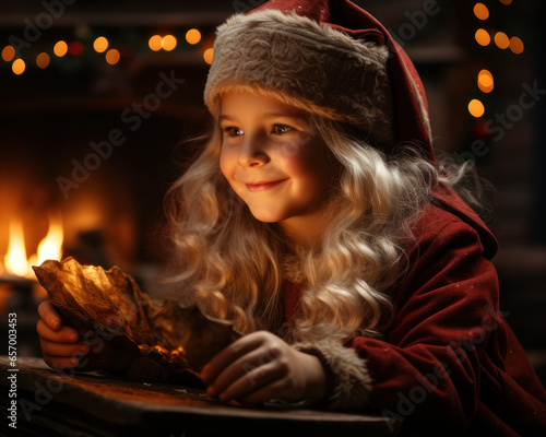 Cozy Christmas Celebration: Child with Santa Hat. Generative AI