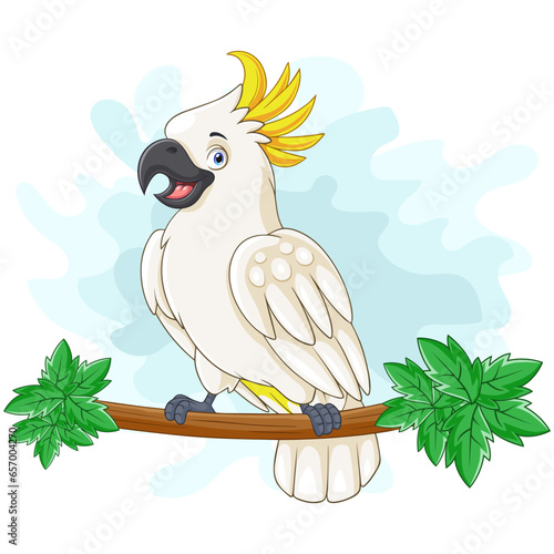 Cartoon cockatoo bird sitting on a tree branch