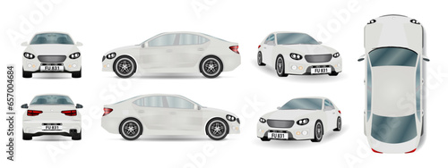 Car vector template on white background. Set of different angles of a white car. View isometric, front, rear, side, and top. Business sedan isolated. Vehicle mockup. Vector.