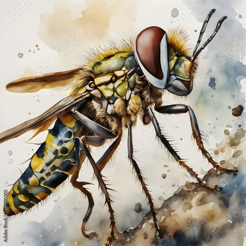 Meganeura - Giant dragonfly-like insects on a flower, watercolor illustration photo