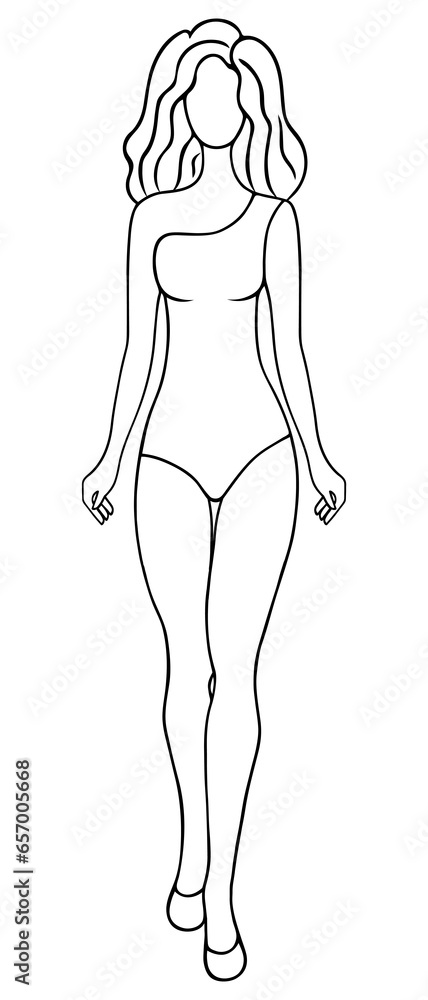 A young woman parades in a swimsuit. Sketch. Vector illustration. A girl in a monokini with a strap over one shoulder. Lady with wavy hair and long legs. Doodle style. Outline on isolated background. 