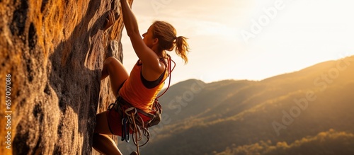 Woman determined to do rock climbing in the mountains photo