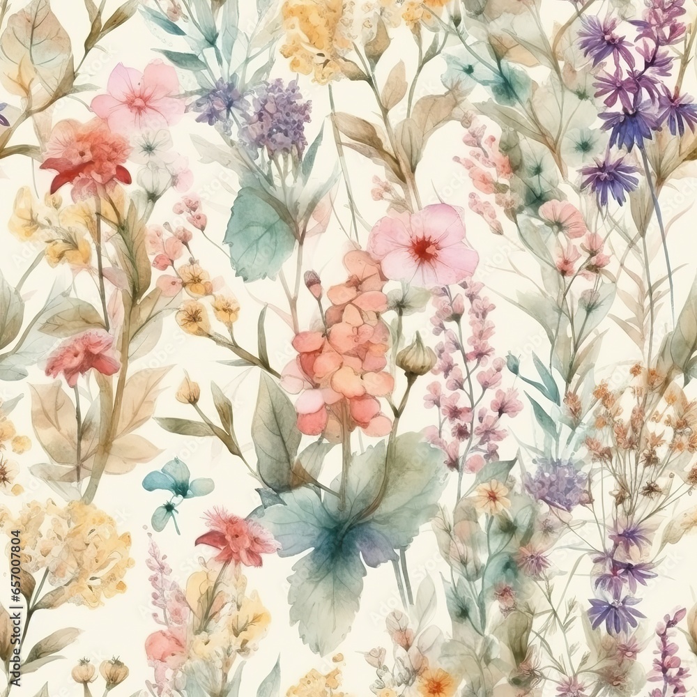 Watercolor seamless floral meadow pattern